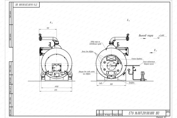 Твердотопливный парогенератор 1500 кг 115 С чертеж