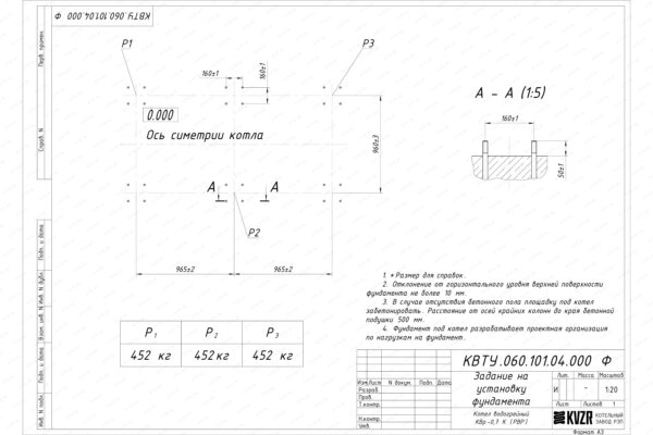 Чертеж фундамента котла КВр 0.75 с ОУР