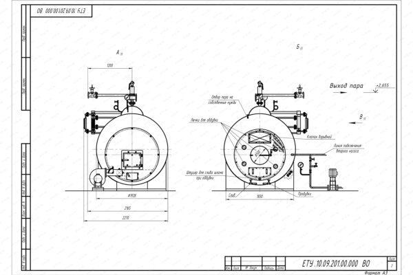Твердотопливный парогенератор 1000 кг 170 С чертеж