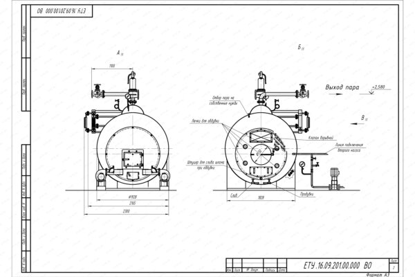 Твердотопливный парогенератор 1500 кг 170 С чертеж